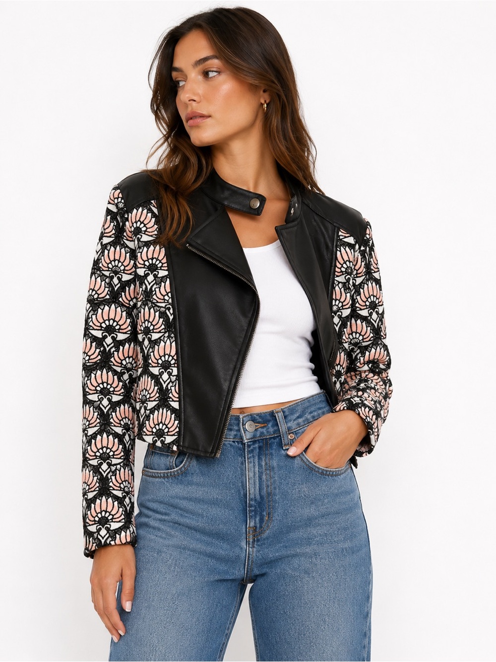 YYIGAL Lace Moto Jacket Small NWT Black Faux Leather Floral Lace Crop Jacket S